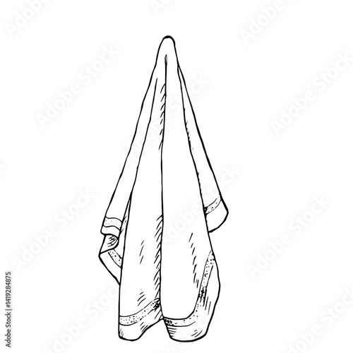 Kitchen towel hanging, black and white sketch. Vector illustration. Cotton napkin, insulated on white background. For the theme of food, cuisine, catering and cleaning, Drawn in ink in a simple style