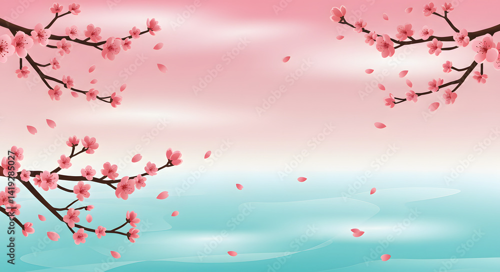 Cherry blossom branch and petals in pink and blue Cherry blossom branch and petals in pink and blue