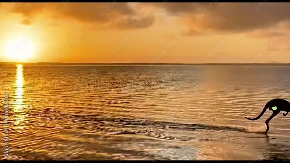 Kangaroos Hopping Through Shallow Waters at Sunset

