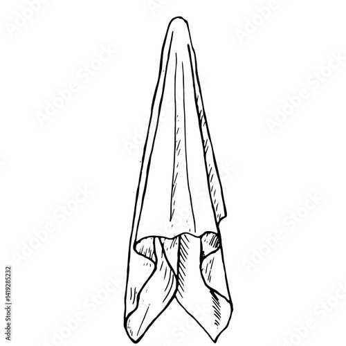 Kitchen towel hanging, black and white sketch. Vector illustration. Cotton napkin, insulated on white background. For the theme of food, cuisine, catering and cleaning, Drawn in ink in a simple style