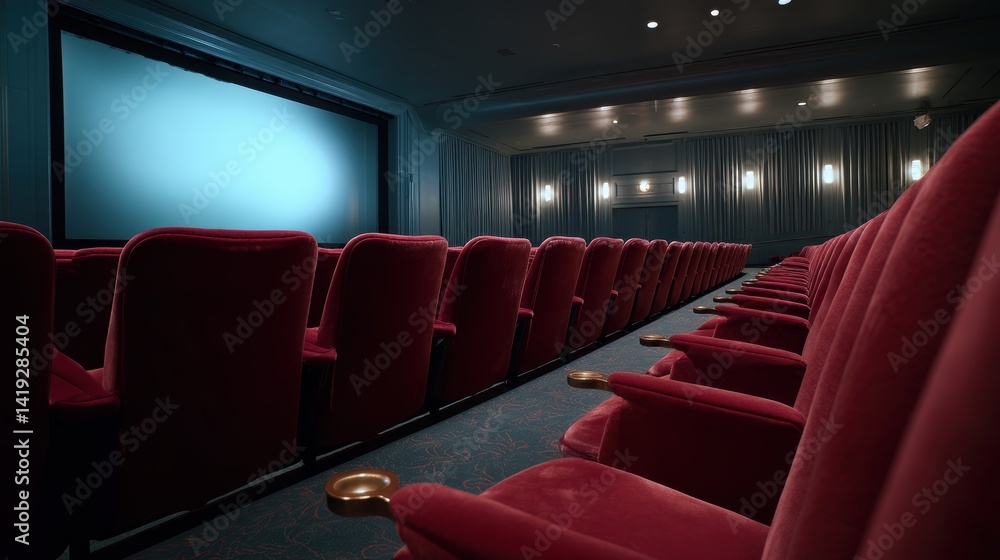 People in the cinema auditorium with Cinema blank wide screen and red chairs in the cinema hall,People silhouettes watching movie performance,empty white screen,space for text,copy space. People in the cinema auditorium with Cinema blank wide screen and red chairs in the cinema hall,People silhouettes watching movie performance,empty white screen,space for text,copy space.