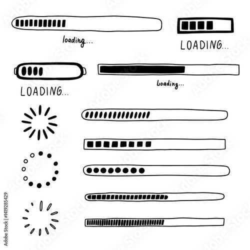 Load bar icon set. Hand drawn loading ui bar. Sketch vector illustration