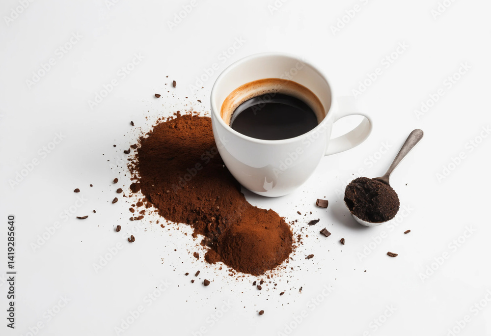 Obraz premium A white coffee cup with a spoon and some coffee grounds on top of it