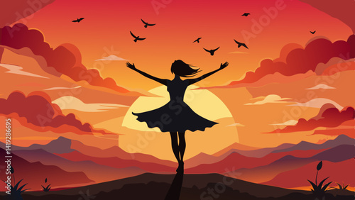 Silhouette of a Ballerina Girl Against a Vibrant Sunset Sky: Peaceful Dance Scene