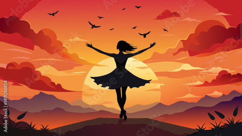 Silhouette of a Ballerina Girl Against a Vibrant Sunset Sky: Peaceful Dance Scene