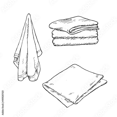 Hanging kitchen towels and stack of linen napkins black and white ink sketch. Vector illustration. Set of cleaning and bathroom textiles, isolated on a white background. On the topic of food, cooking