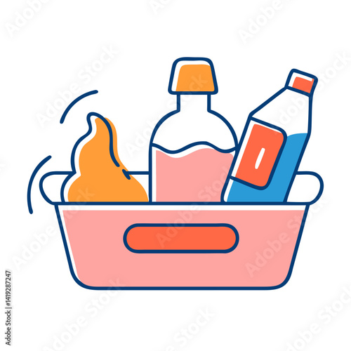 Minimalistic vector illustration of a caddy filled with cleaning products, ideal for concepts related to cleaning, home maintenance, and household chores.

