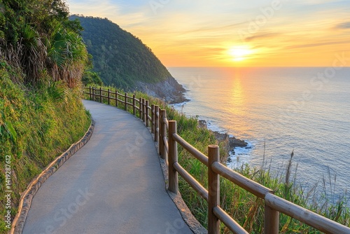 Wallpaper Mural Winding coastal path at sunset.  Serene walkway meanders along a cliff overlooking the ocean, bathed in golden light as the sun descends. Lush greenery flanks the path Torontodigital.ca