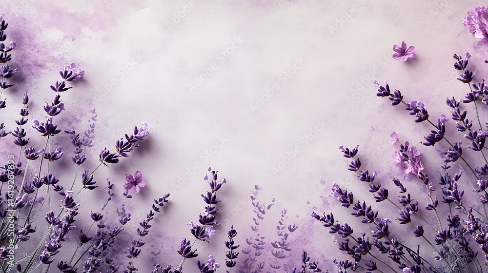 Minimalist vertical design bordered with faded lavender sprigs on all sides, pale parchment paper background, soft violet tones, clean inner spacing. Created Using: fine lavender illustration,