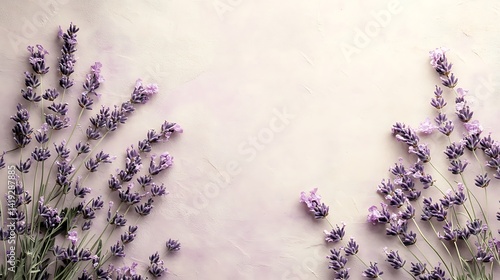 Minimalist vertical design bordered with faded lavender sprigs on all sides, pale parchment paper background, soft violet tones, clean inner spacing. Created Using: fine lavender illustration,