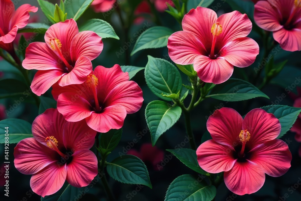 Obraz premium Bold hibiscus blooms in a vibrant, dense repeat , repetitive, fabric, artistic
