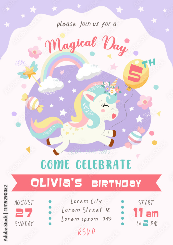 Fototapeta premium unicorn baby, Magical day birthday invitation card , event, celebration, template, vertical vector illustration