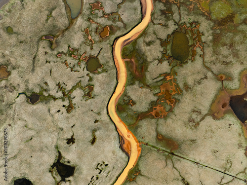 Obraz na płótnie Top-down view of a winding yellow river cutting through a textured marshland with scattered ponds and rich green, orange, and brown patches. w salonie