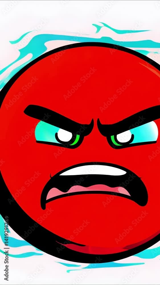 Angry red circle character expresses frustration with intense facial features and bold design