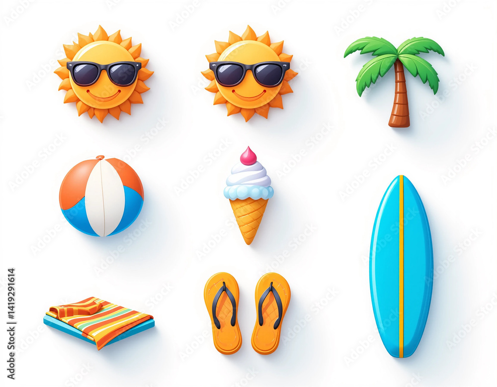 A collection of beach-related icons, including sunglasses, a sun, a surfboard A collection of beach-related icons, including sunglasses, a sun, a surfboard