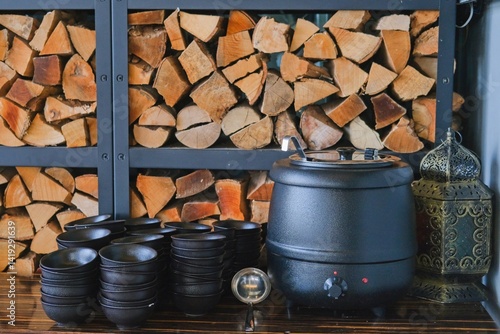 Metal warming tureen with black bowls for pouring soup in buffet restaurant with stacked firewood decorative wall on background. Self-service event.