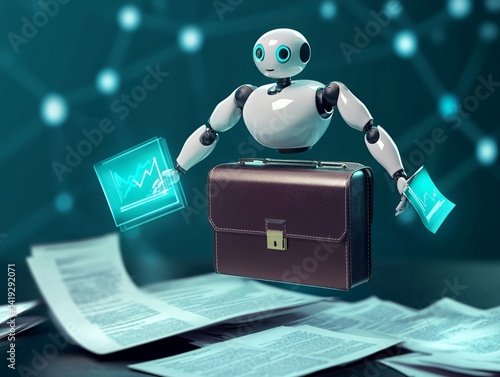 Innovative robotic assistant engaging with digital documents showcasing futuristic technology in a workspace environment capturing the essence of automation and productivity