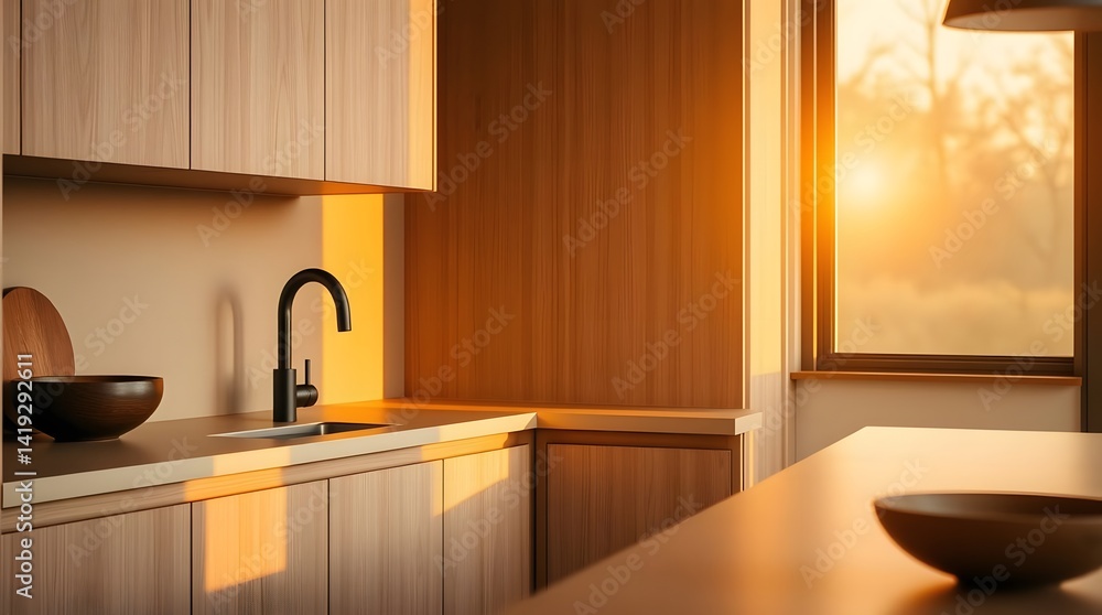 Warm Sunset Light Illuminating a Modern Kitchen with Wood Cabinets and White Countertops Warm Sunset Light Illuminating a Modern Kitchen with Wood Cabinets and White Countertops