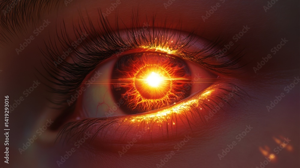 Naklejka premium Close-Up Eye with Inner Fire and Glowing Embers