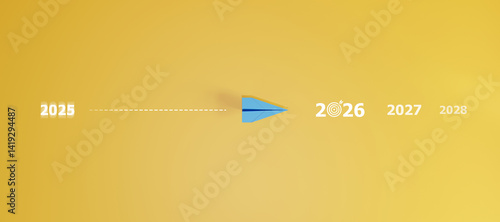 blue plane is heading to 2026 target. business creativity new idea discovery innovation technology. new year idea concept.