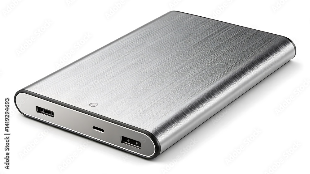 Isolated power bank with brushed metal finish for mobile devices and gadgets Isolated power bank with brushed metal finish for mobile devices and gadgets