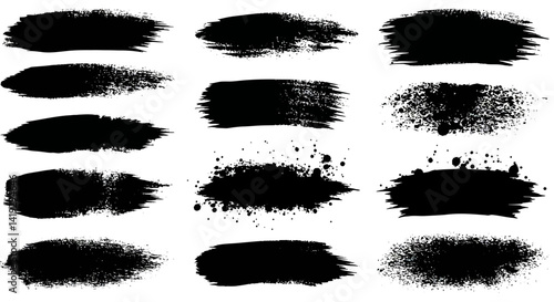 Ink brushstroke and paintbrush template with splashes grunge. Vector set black ink brush stroke. Dirty artistic design elements. Grunge splatter, dirt stain. Vector ink box