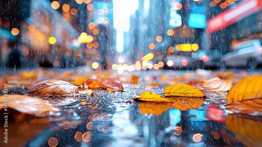 custom made wallpaper toronto digitalAutumn leaves glistening in rainy city street