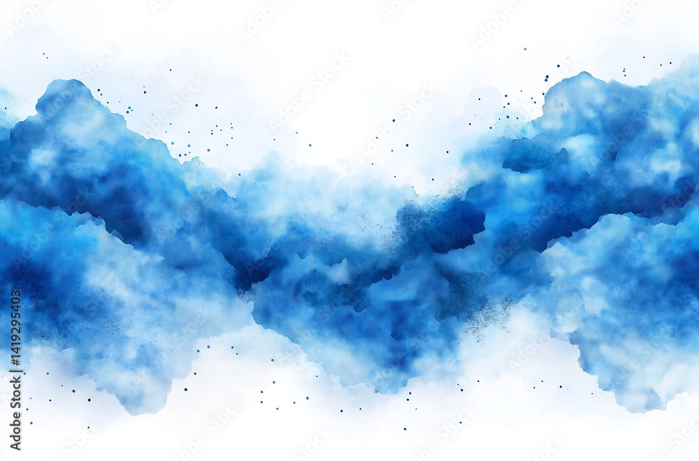Obraz premium Minimalist Abstract Watercolor Illustration of Blue Clouds with Splash Effect and Simple Shapes on Transparent White Background for Modern Design Projects