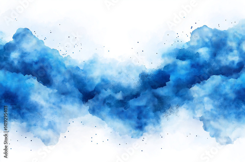 Minimalist Abstract Watercolor Illustration of Blue Clouds with Splash Effect and Simple Shapes on Transparent White Background for Modern Design Projects