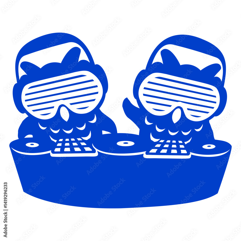Fototapeta premium 2 DJ Owls Mixer vinyl music Club Two Party Duo Fun Isolated Vector Graphic Design Illustration