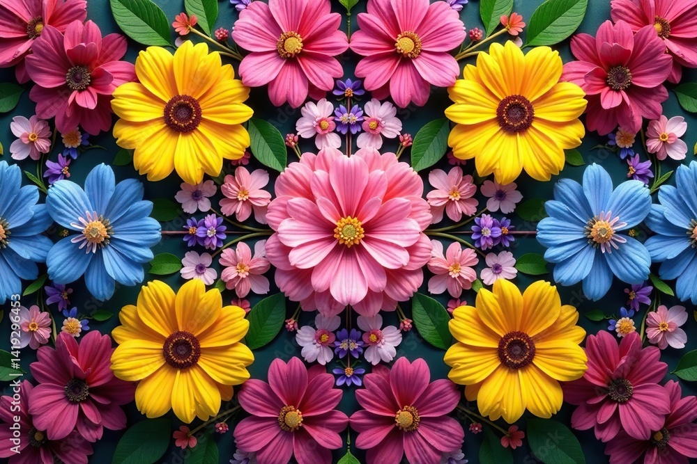 Symmetrical floral arrangement forming a square tessellation , digital, bloom, blossom Symmetrical floral arrangement forming a square tessellation , digital, bloom, blossom
