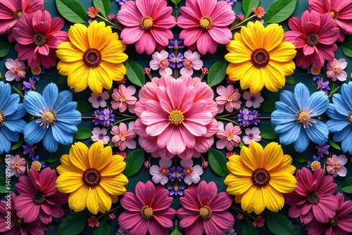 Symmetrical floral arrangement forming a square tessellation , digital, bloom, blossom