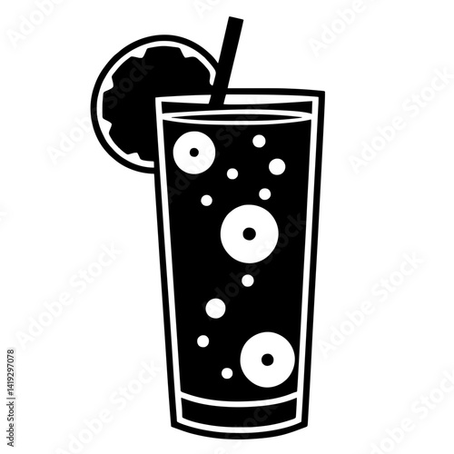 Minimalist black silhouette of a tall glass with soda bubbles and citrus slices representing Long Island Iced Tea