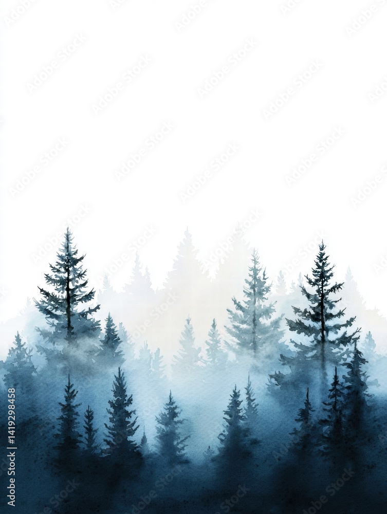 Fototapeta premium serene watercolor landscape featuring tall evergreen trees shrouded in mist, creating tranquil atmosphere