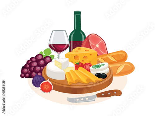 Delicatessen on a wooden cutting board vector illustration. Wine and cheese still life vector. Cheese platter with meat, baguette and grapes drawing. Various types of cheese and charcuterie vector