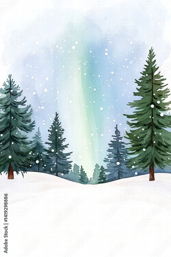 Obraz premium serene winter landscape featuring evergreen trees under snowy sky with soft blue hues and gentle snowfall