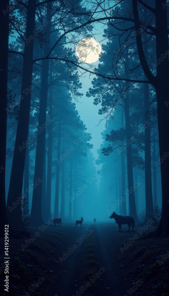 Obraz premium Dark forest with silhouetted trees and blue animals, misty atmosphere, eerie feeling, , nature, dark