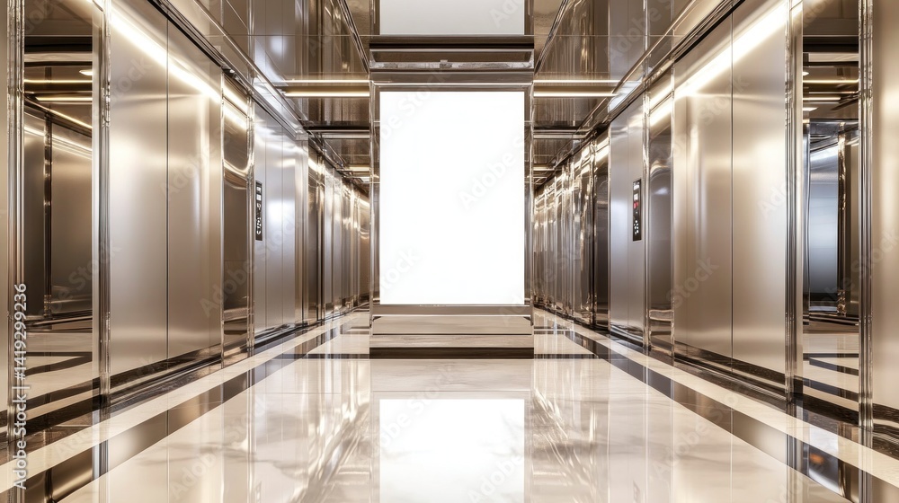 Modern, polished elevator bank corridor in a high-rise building. Modern, polished elevator bank corridor in a high-rise building.