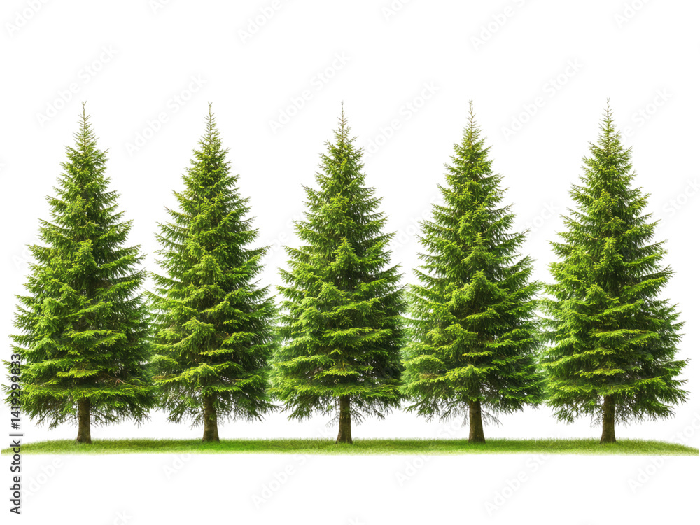 Obraz premium Majestic Evergreen Trees Row in Lush Green Meadow Against Black Background
