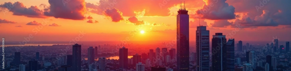 Fototapeta premium High-rise building at sunset with city skyline, evening, skyscraper, city lights