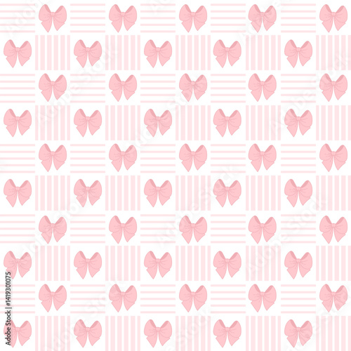 Vintage Coquette aesthetic pink ribbon bow in frame seamless pattern. Trendy flirty patterned backdrop template. Vector illustration. Tartan check for textile, wallpaper, romantic design and decor