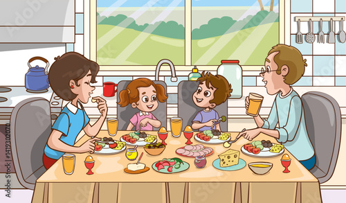 Vector illustration of father, mother and children having family dinner or lunch or breakfast
