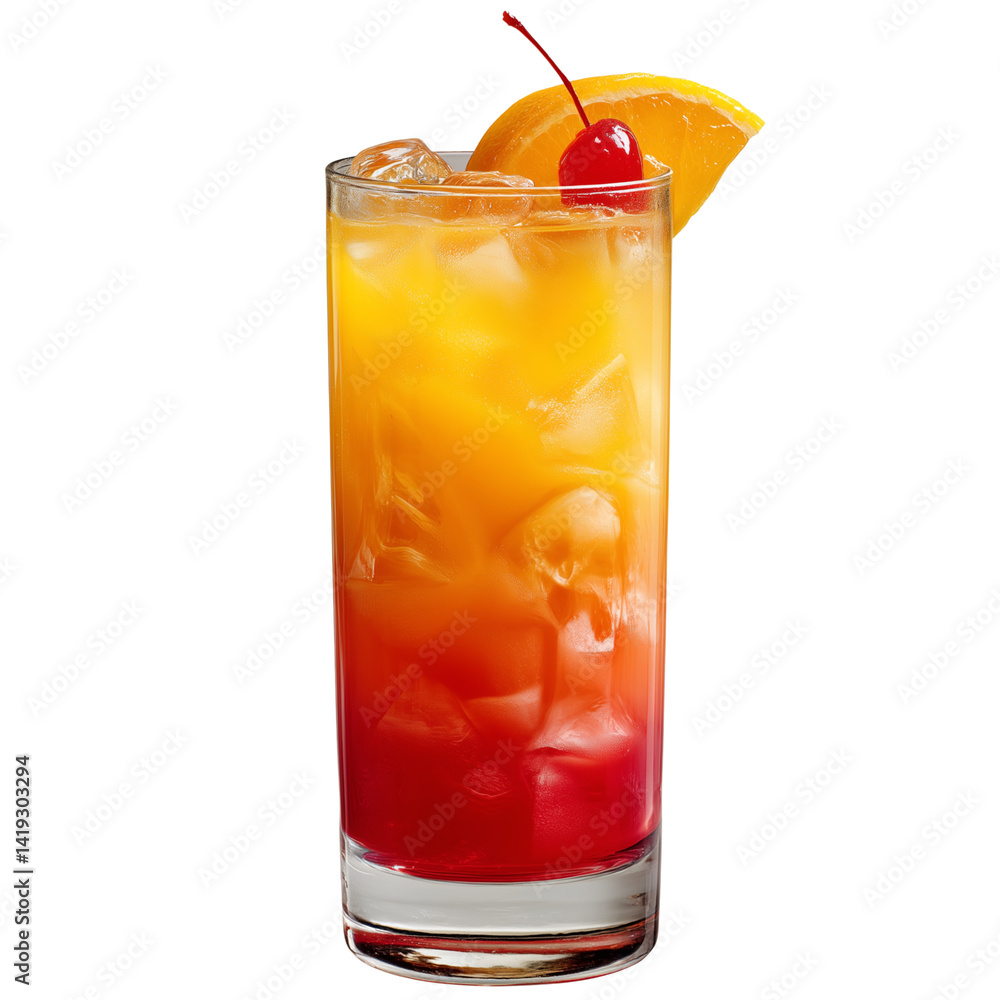 Tequila Sunrise cocktail with orange slice and cherry in highball glass