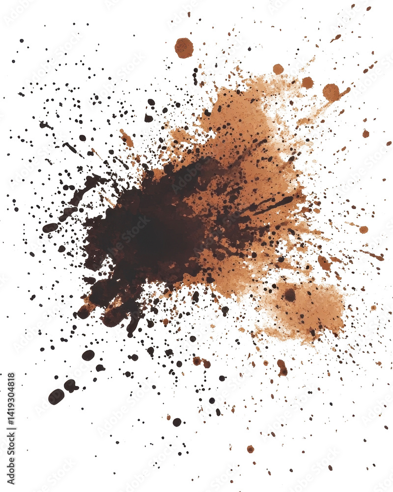 Abstract brown ink spray splatter on white background creates dynamic visual texture Abstract brown ink spray splatter on white background creates dynamic visual texture
