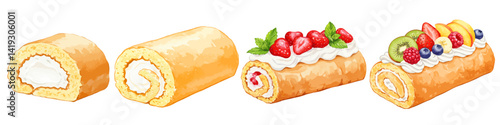 ロールケーキの水彩風イラストセット 苺とブルーベリーとラズベリーとキウイと黄桃とバナナとミントなどのフルーツがデコレーションされた ホイップ生クリームのスイーツ