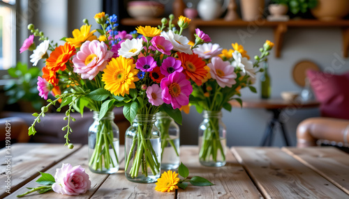Wallpaper Mural A beautiful arrangement of vibrant wildflowers in various hues, carefully placed in clear glass bottles and placed on a rustic wooden table Torontodigital.ca