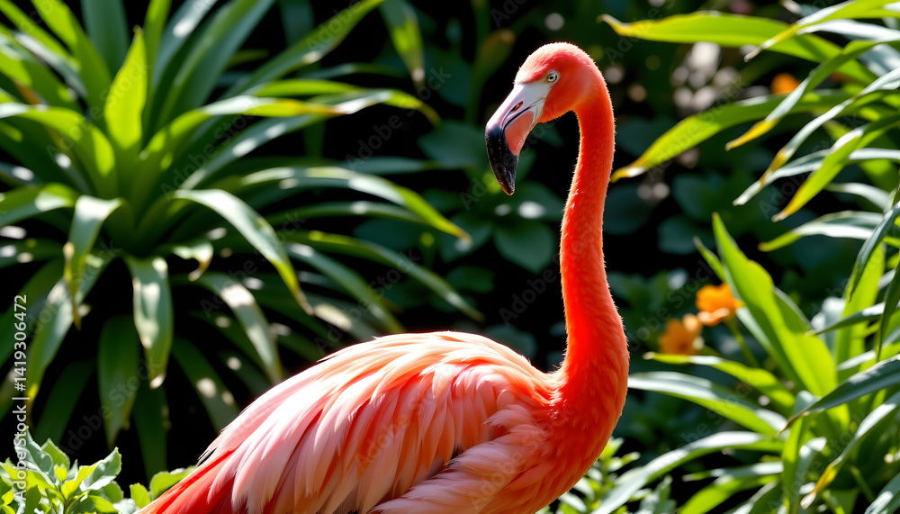 Fototapeta premium A vibrant pink flamingo stands gracefully among the lush greenery