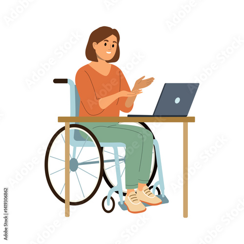 Young woman in wheelchair working on computer. Vector flat style cartoon illustration. Concept of employment, education, and social adaptation of disabled people.
