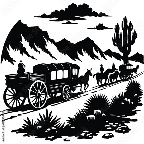 Vintage Western Landscape: Black and White Illustration of Covered Wagon, Horses, and Mountain Scenery, Old West Art Print