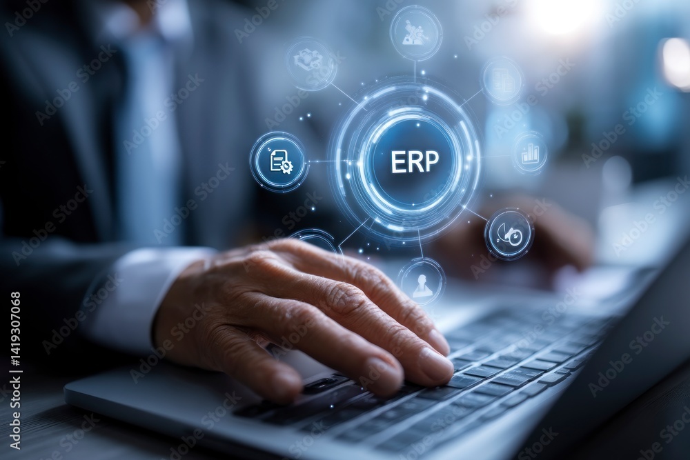 Naklejka premium Man Using Laptop with Erp System Application Modern Business Concept